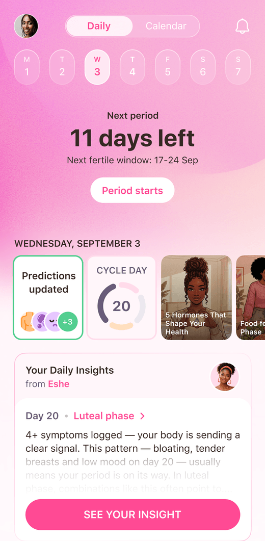 Eshe home screen showing days until next period, cycle day and daily insights
